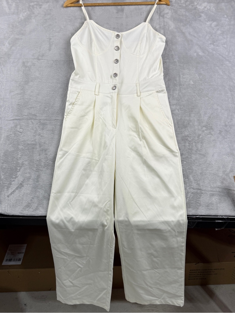 Women's Cream Wide-Leg Button-Front Jumpsuit Spaghetti Straps Pockets Size L - Picture 2 of 12